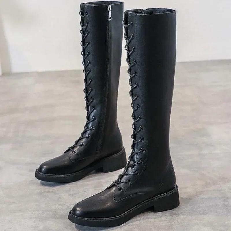 Fashion Lace-up Winter 2024 With Laces Women's Long Boots Black Ladies Knee High Shaft Shoes Designer Luxury Spring Autumn Demi-season