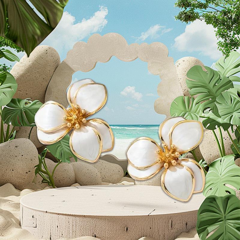 Spring and Summer Colorful Oil Dripping Flower Earrings Simple Design Double Petal Earrings for Women