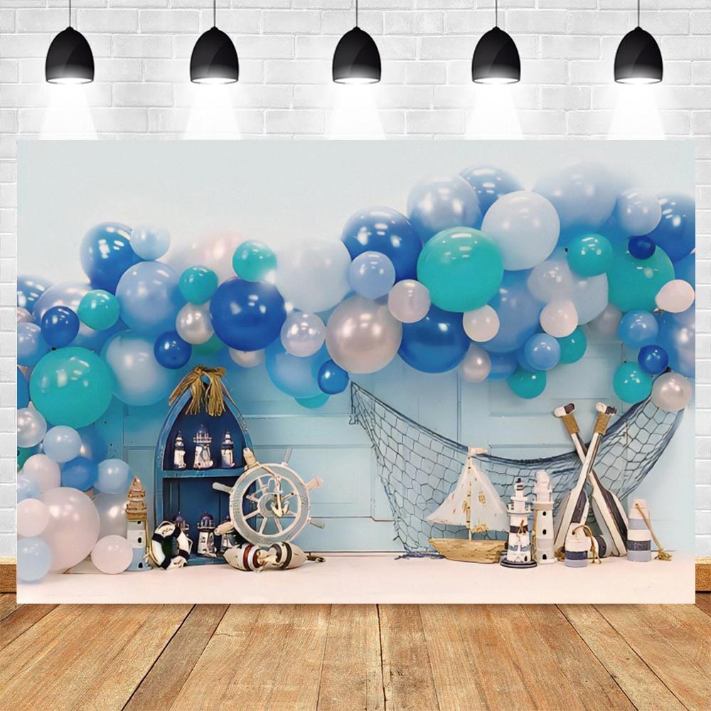 Nautical Theme Baby Party Background for Photography, Sailboat, Boat, Starfish, Wooden Board, Sailor Portrait, Photo Background