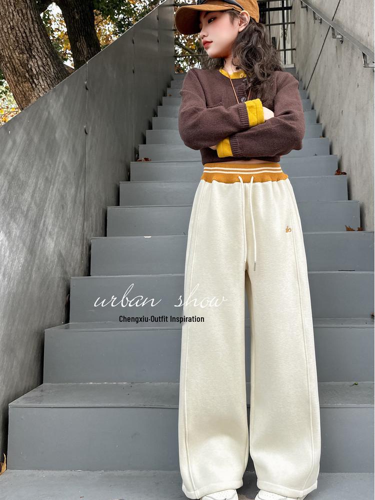 Girls' 2025 Wide-Leg Sweatpants with Velvet - Winter/Spring Sports Style