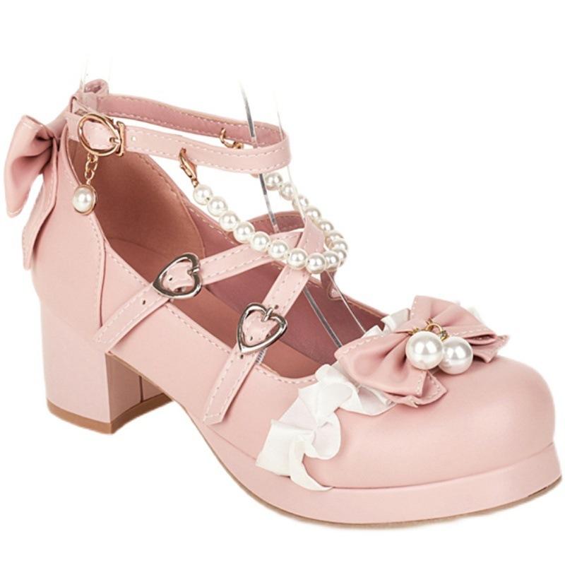 Original Princess Yana LO Lolita Shoes Large Size Bow Student Pearl Round Head Thick Heel Fairy Single Shoes