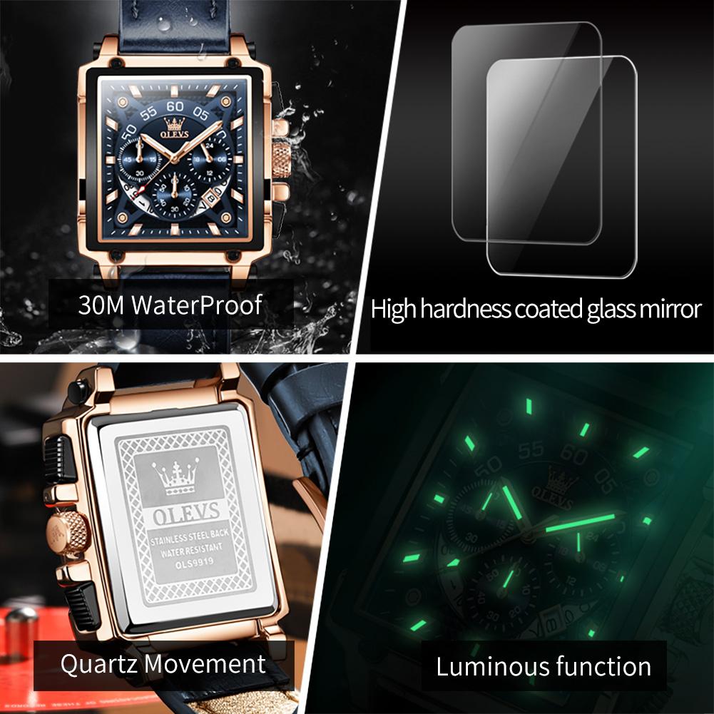 OLEVS 9919 OEM-Logo Armband Klassische Uhr Echtes Leder Kalender Multifunktionaler Chronograph Quadratische Quarzuhr für Mann