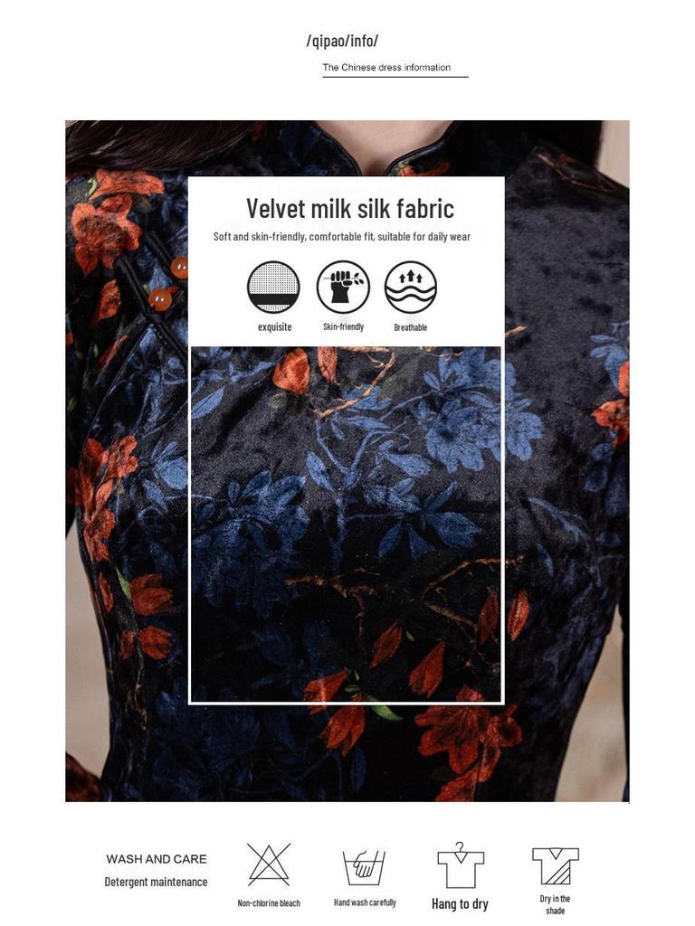 2025 New Velvet Retro Cheongsam: Long-Sleeved, Young Style, Improved Chinese Design
