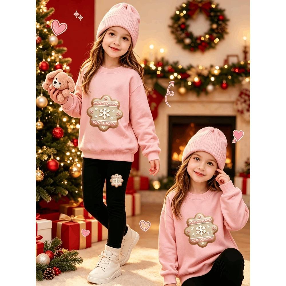 Girls' Snowflake Print Casual Comfortable Soft Loose Pullover Sweatshirt and Leggings 2-Piece Set, New Autumn/Winter, Playful, Sweet and Cool Style