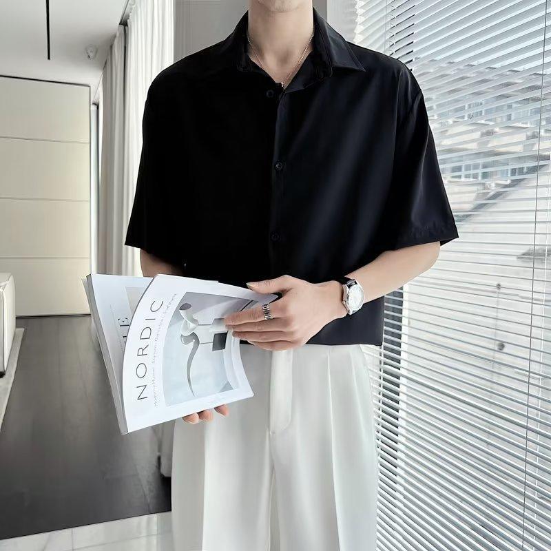 Ice Silk Men's Loose Fit Short Sleeve Button-Down Shirt - Korean, Hong Kong, Japanese Style, Plus Size, Wrinkle-Resistant
