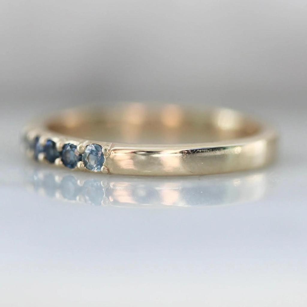 Yellow Gold Plated Sapphire Wedding Band – Half Eternity Ring for Women | Thin Stacking Blue Gemstone Ring | Personalized Engagement Band