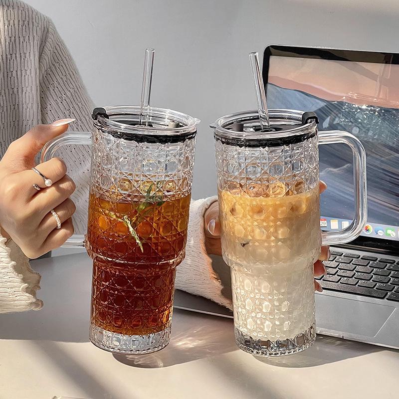 2025 Stylish Large Glass Water Cup with Handle, Lid, and Straw - Ice Buster Edition