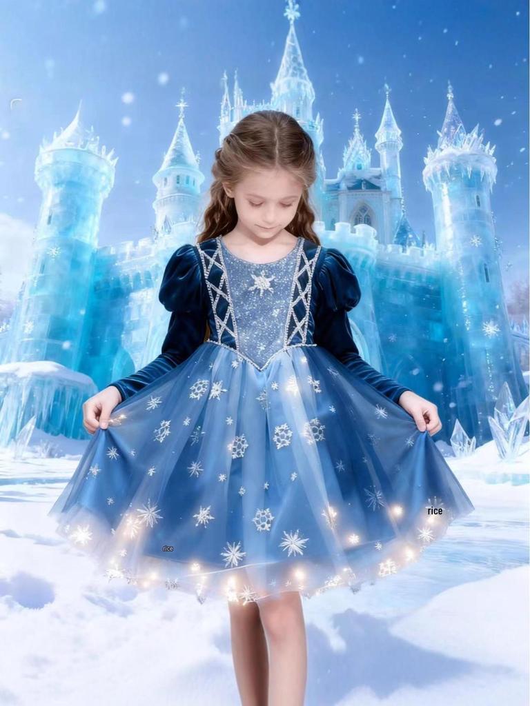 Girls' Elsa Princess Long-Sleeve Cosplay Costume Dress for Spring, Autumn, and Winter - Perfect for Halloween, Birthdays, and Evenings.