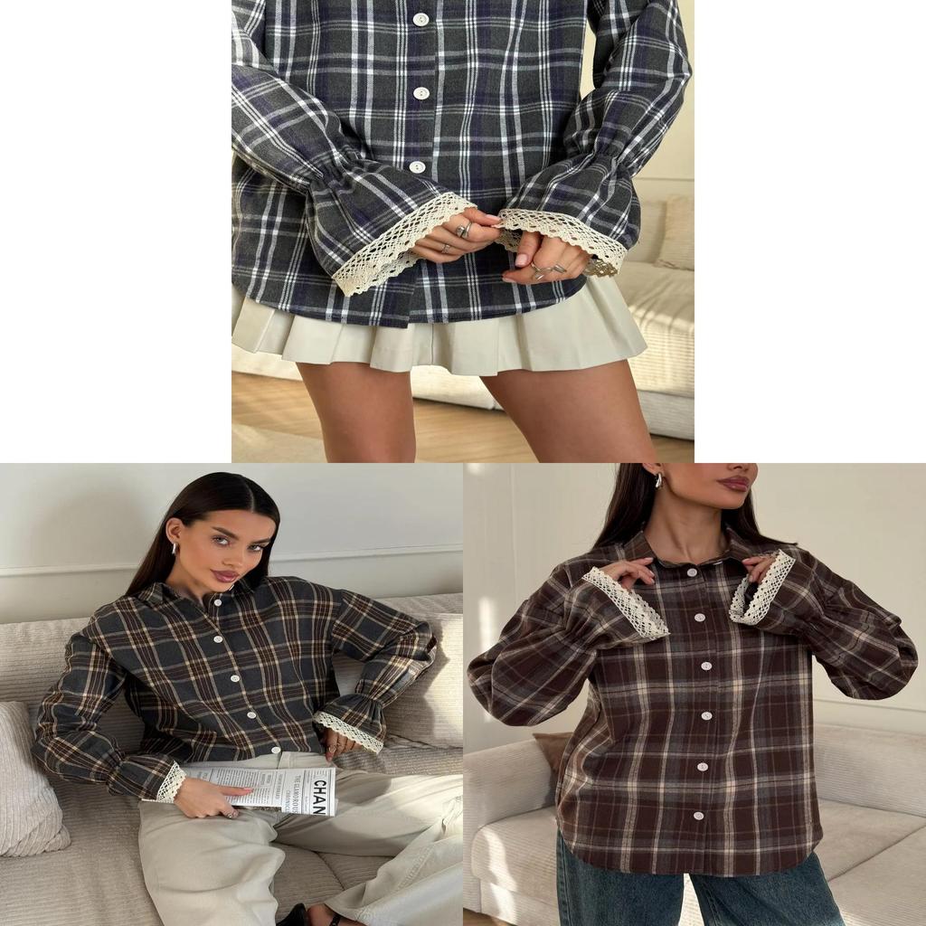 Casual Cotton Polyester Plaid Shacket With Long Sleeves For Spring Wear