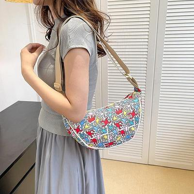 Borsa a tracolla in tela con cerniera e stampa da donna, con gnocchi, inclinata, per il tempo libero, tracolla regolabile