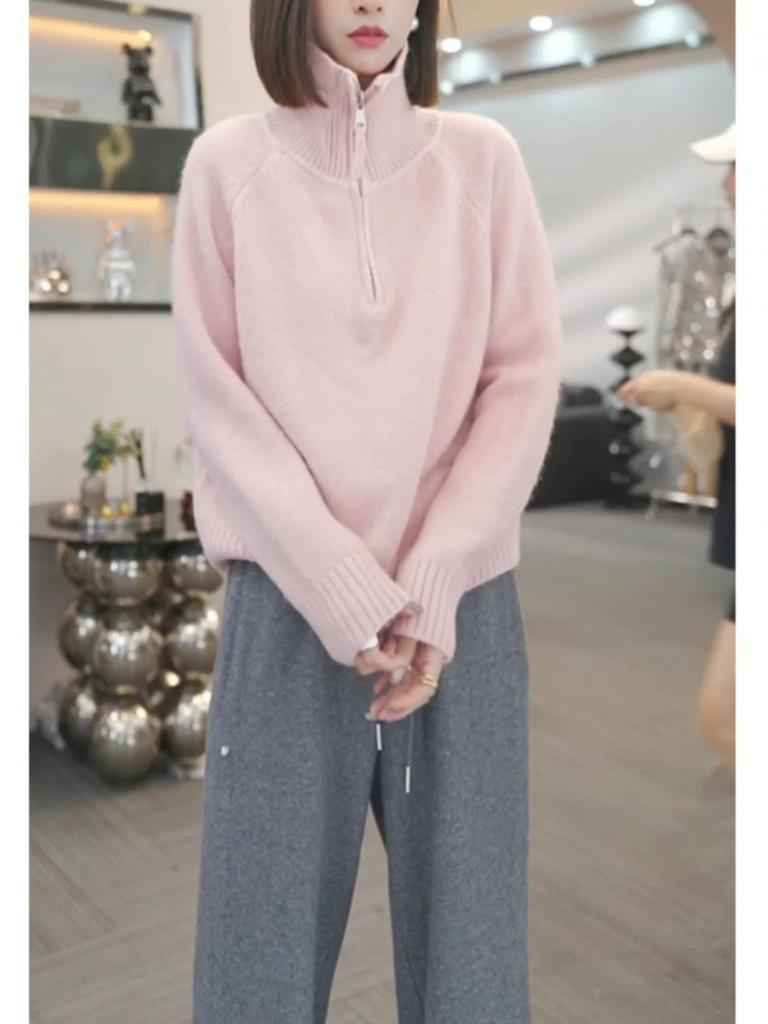 Korean Style Women's High-Neck Half-Zip Pullover Sweater - Winter 2025 Collection