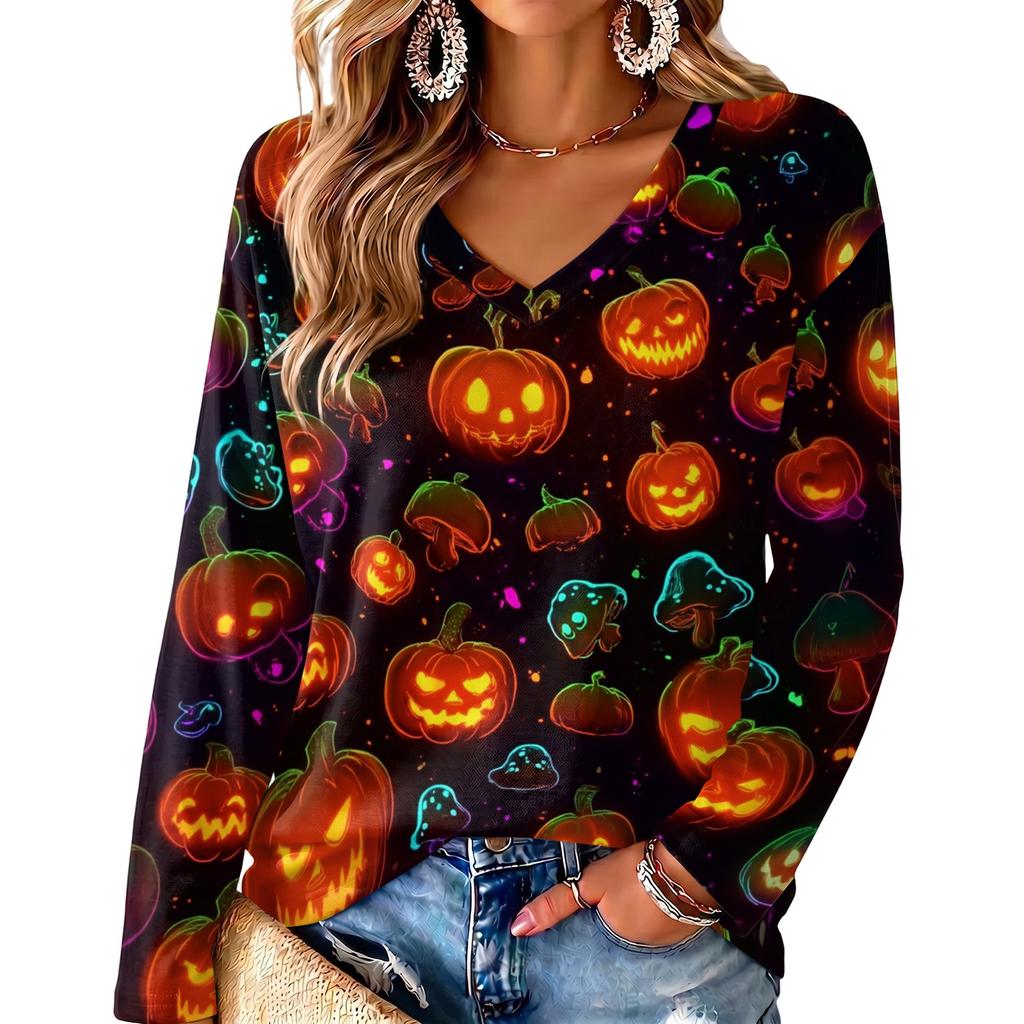 Women's V-Neck Long Sleeve Lightweight Halloween Print Blouse for Casual Wear