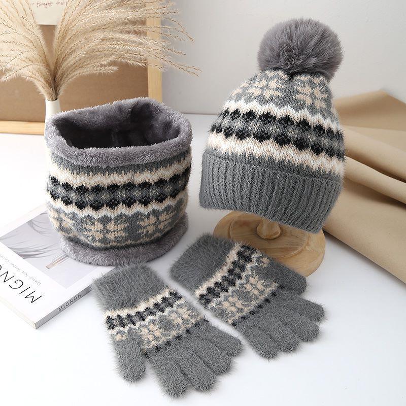 Wool hat women's autumn and winter new plush warm hairball pullover hat ear protector knitted hat scarf gloves