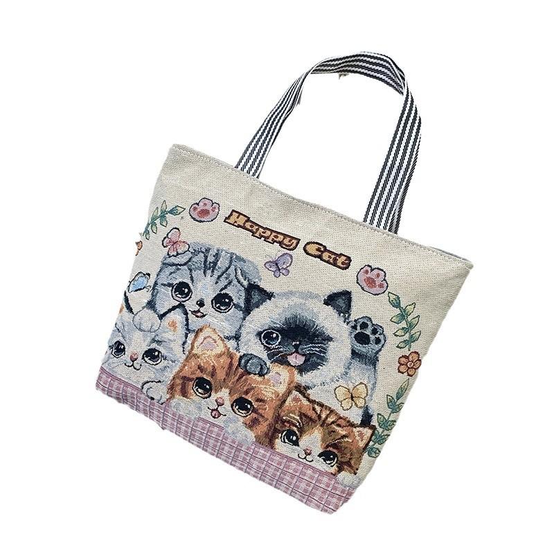 Portable Jacquard Bag Kitten Large Embroidered Canvas Bag Shopping Fashion Shoulder Women's Bag Tote Bag