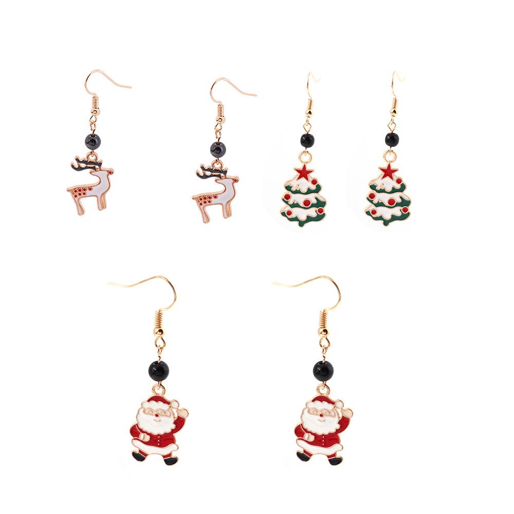 European-American Christmas Earrings Set: Santa, Tree & Reindeer Pendants