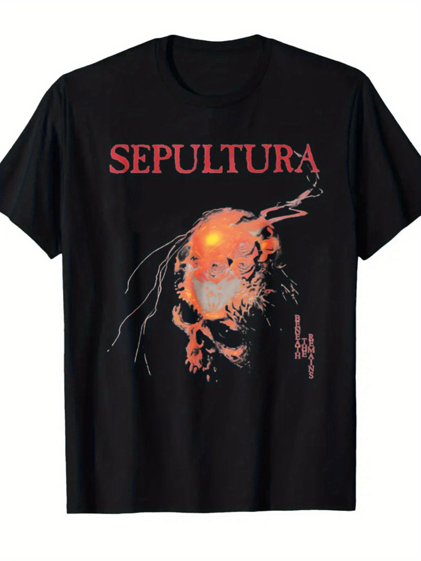 

Black SEPULTRA Band Flame Skull Print Pattern Rock Style Text Design Suitable for Daily Wear During Music Festivals and Conce... S разноцветный