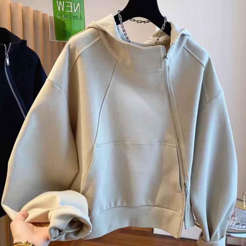 Diagonal Zipper Loose Hooded Cardigan Sweatshirt Jacket Women's Spring Autumn Silhouette A-line Top
