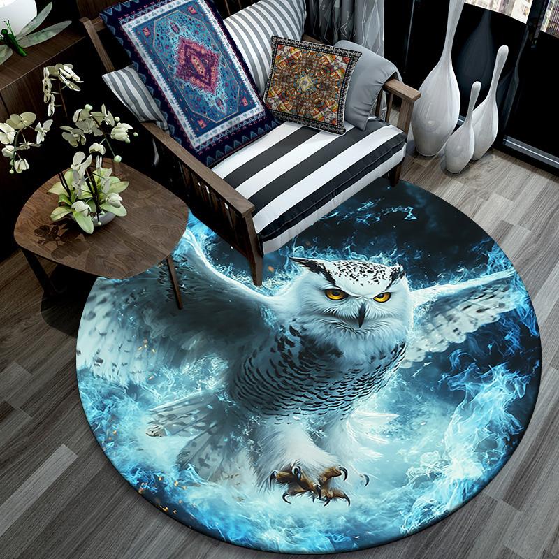 Magischer Schneeeulen Runder Teppich, Teppich für Wohnzimmer Schlafzimmer Sofa Spielzimmer Dekor, Rutschfeste Fußmatte