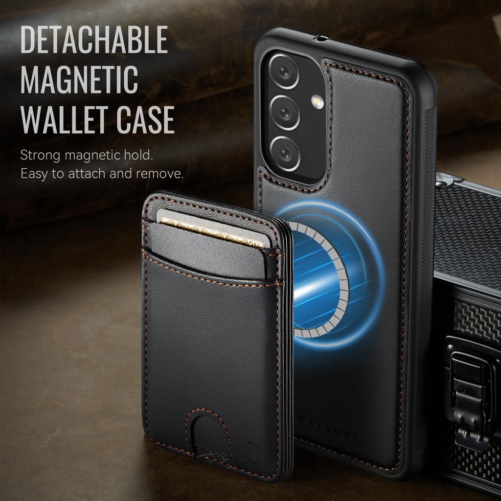 For Samsung Galaxy A14 4G/Galaxy M44 5G/Galaxy A14 5G Magnetic Case JEEHOOD J10 Leather Back Phone Cover with Detachable Card Holder Kickstand