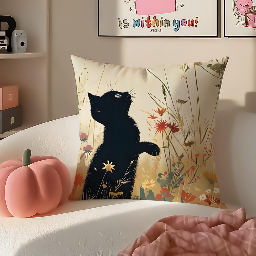 Cute Tiny Adorable Art Cartoon Little Black Cat Cushion Cover Pillowcase Short Plush Invisible Zipper Room Sofa Cushion Cover