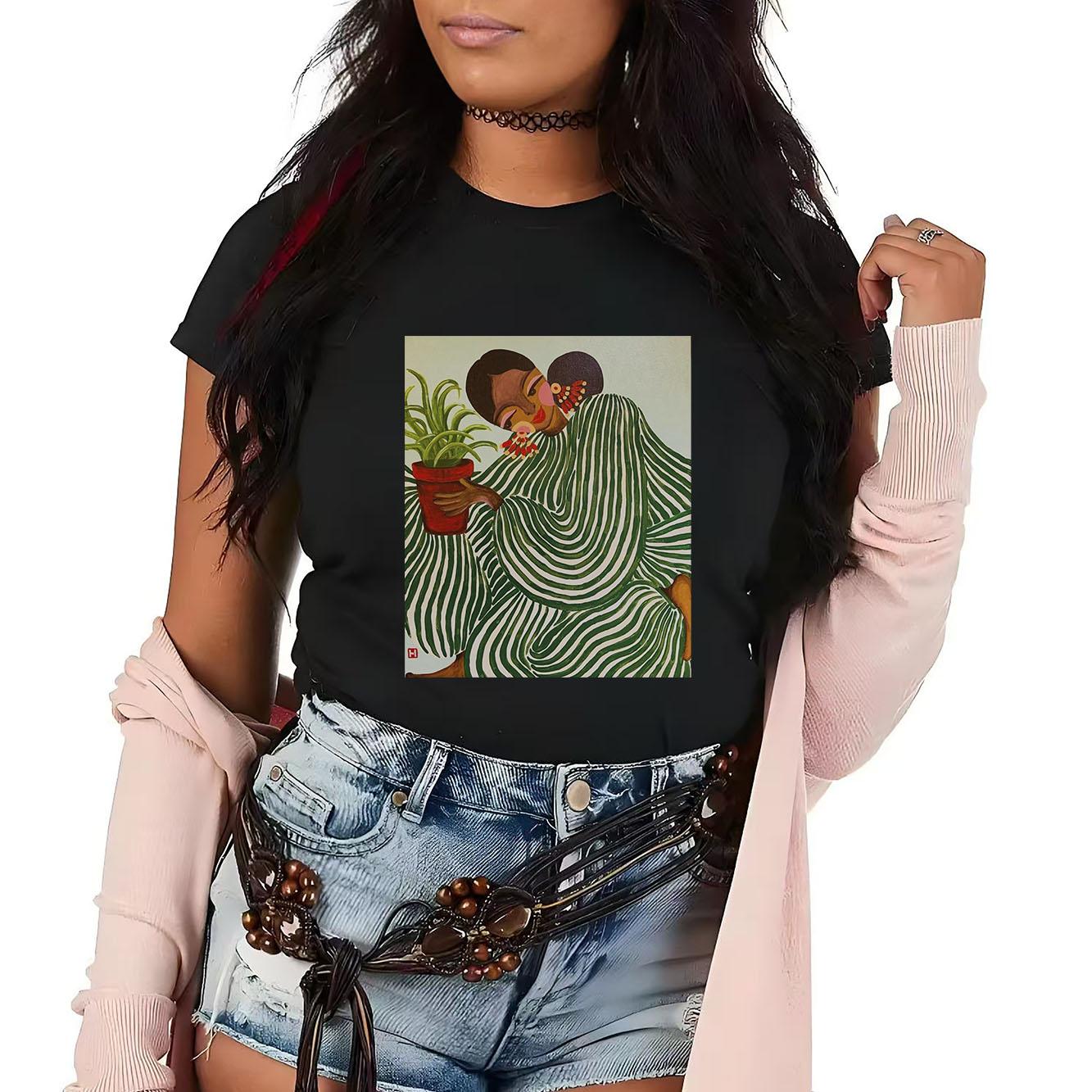 New Fashion Beauty Printed Tshirt Oil Painting Style Casual Short Sleeve Fashion Versatile Womens Tshirt S