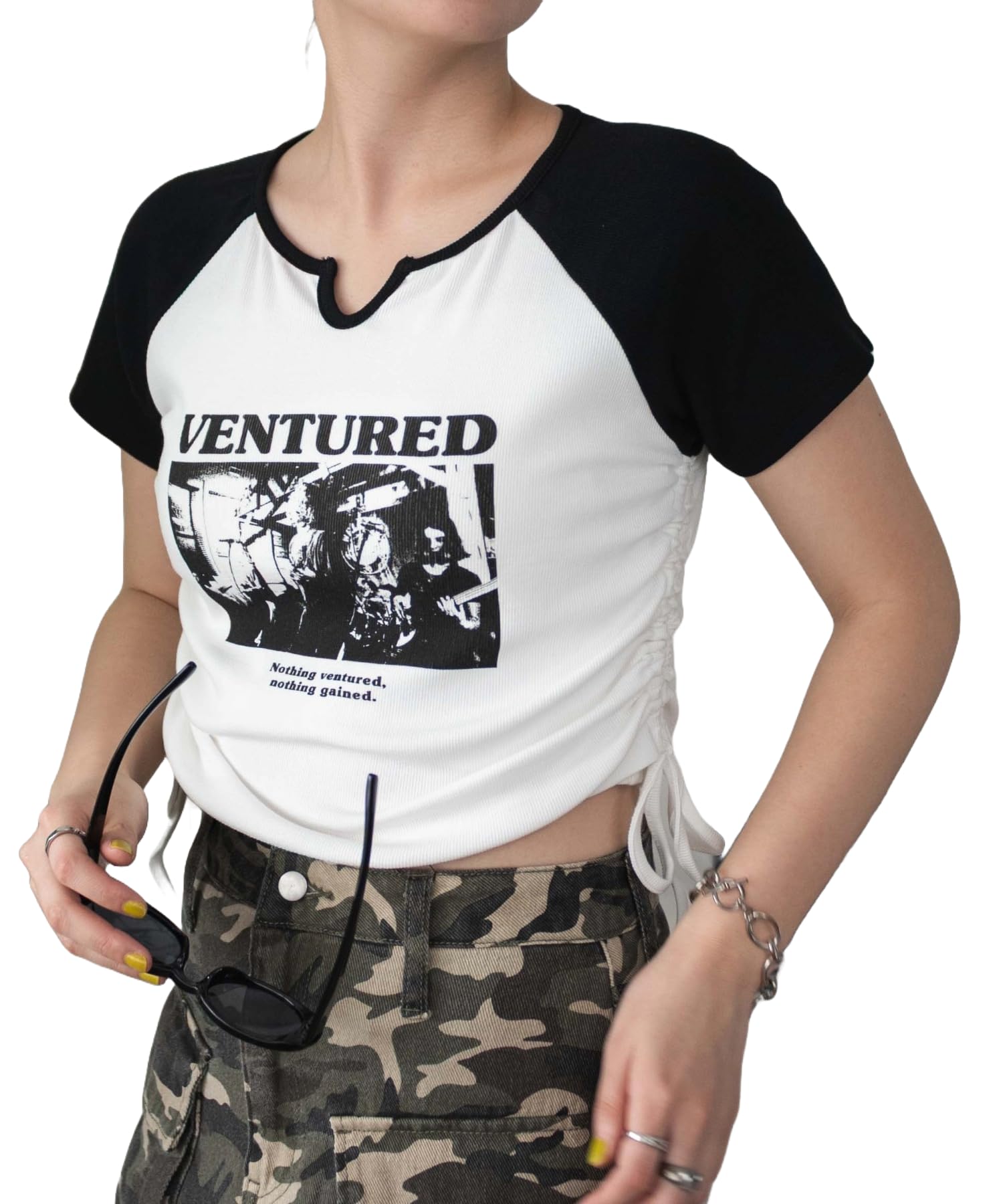 

WEGO Short Sleeve with Keyhole Neck and Side Summer Size Pattern 1 Women s T-Shirt Lace-Up, Top, F,