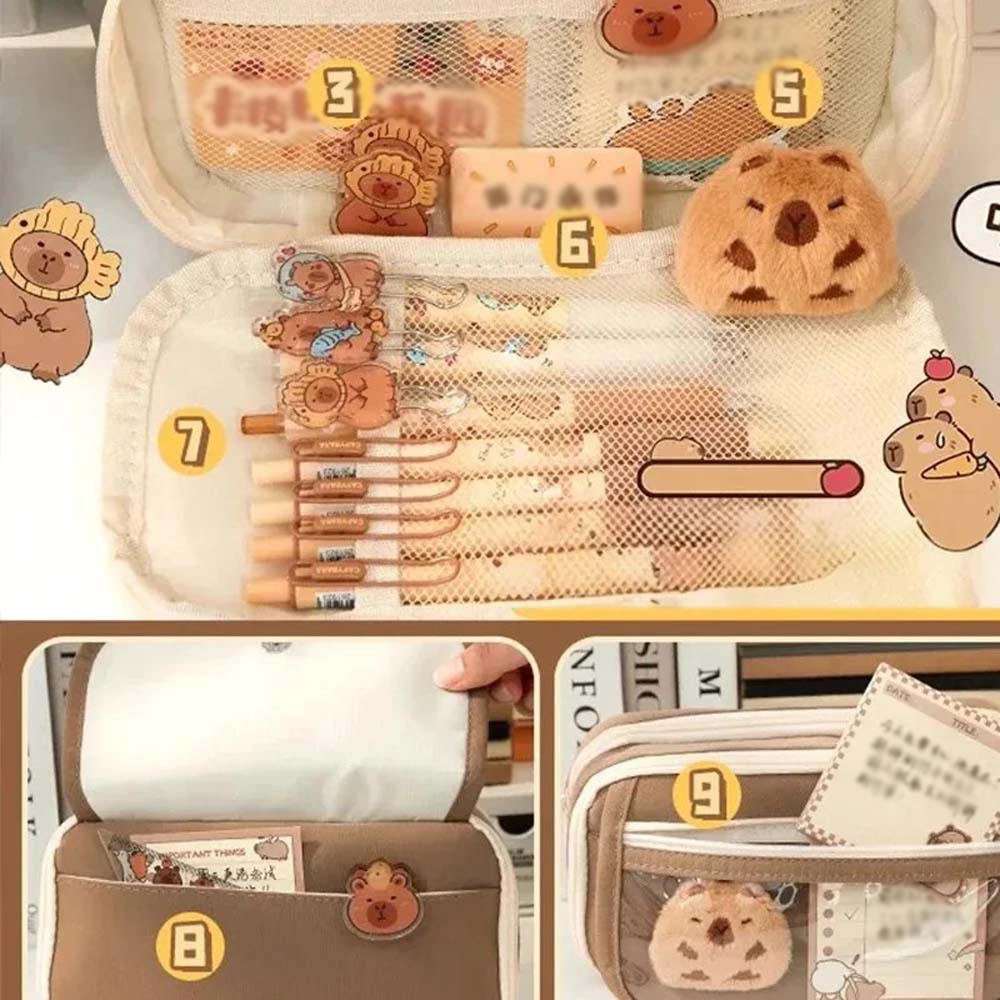 Kreativní roztomilý kapybarský sáček na tužky se závěsnými ozdobami, brožové náhodné samolepky, ideální pro školy, kanceláře, milovníky zvířat