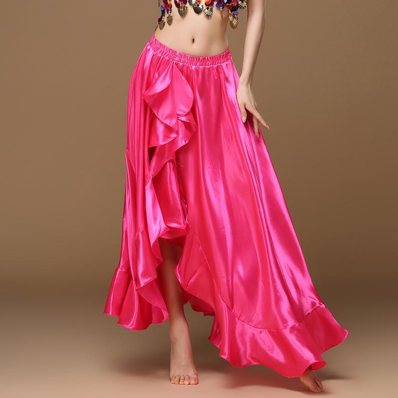 Belly Dancing Side Pulling Long Satin Skirt Lady Belly Dance Skirts Women Sexy Oriental Belly Dance Skirt Professional Dance Performance