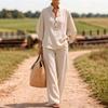 Spring and Summer New Bamboo Hemp Two-piece Set, Women's Button-down Shirt + Wide-leg Pants Linen Comfortable Casual Women's Clothing Set