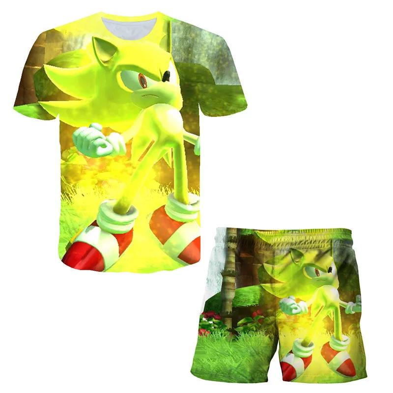 2025 MINISO New boys and girls super sonic Tshirts+shorts  Harajuku Sonic print suit T-shirt + shorts fashion street style children's short sleeves