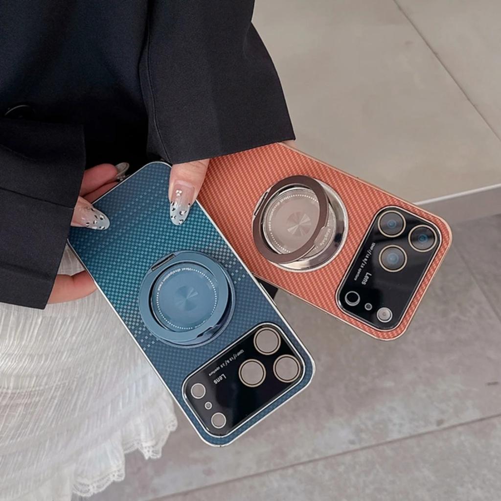 For iPhone 17 Pro Max Magsafe Case for iPhone 16 15 14 Pro Max 360 Rotate Magnetic Stand Holder Soft Carbon Fiber Magnetic Cover