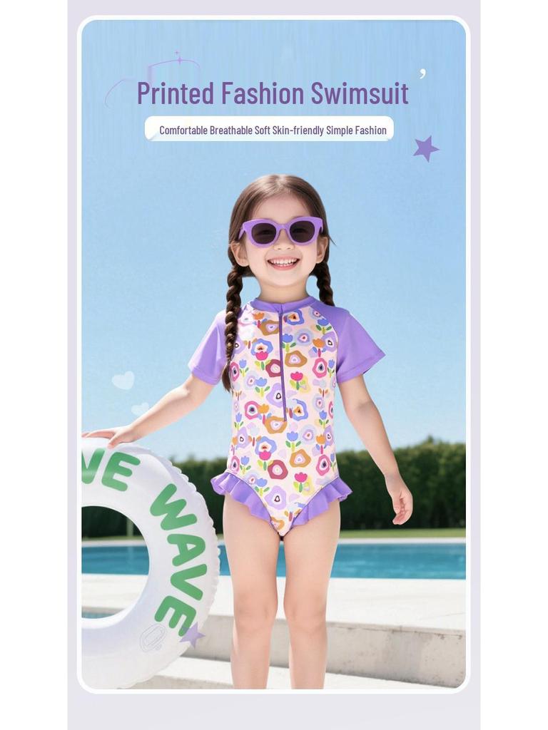 Costume da bagno a triangolo intero per bambina, ad asciugatura rapida, traspirante, con motivo floreale viola