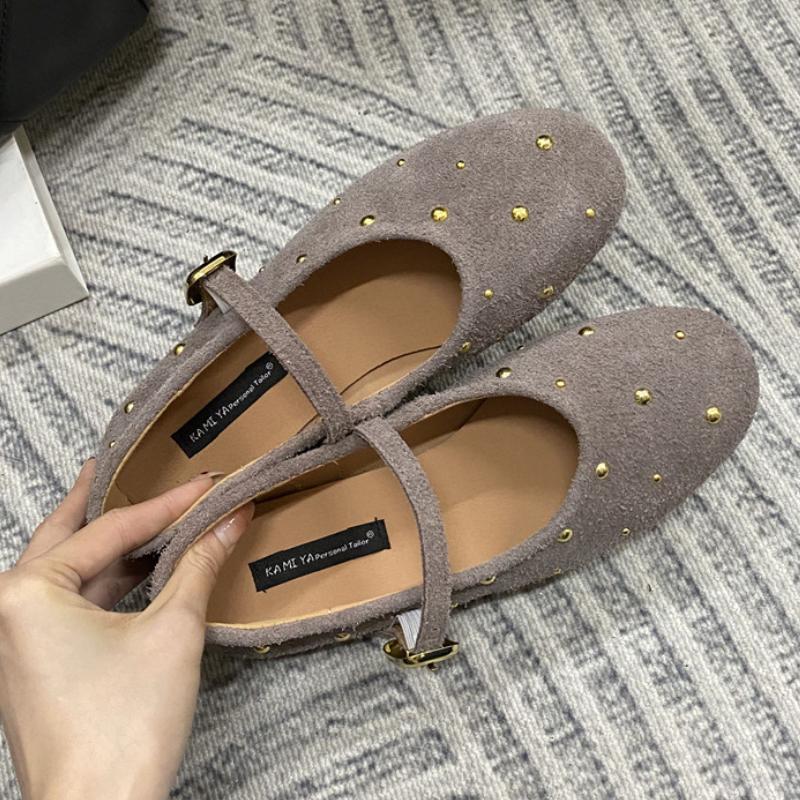 New Metal Rivets Mary Janes Women Comfort Soft Bottom Round Toe Flat Casual Shoes Elegant Slingback Brand Ballet Shoe for Ladies