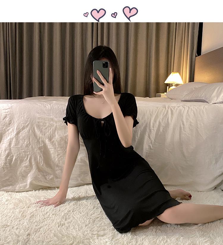 Women's Summer French Modal Nightgown with Built-in Bra, Short Sleeve, Thin, Sexy, Pure Desire Style, Wearable Outdoors