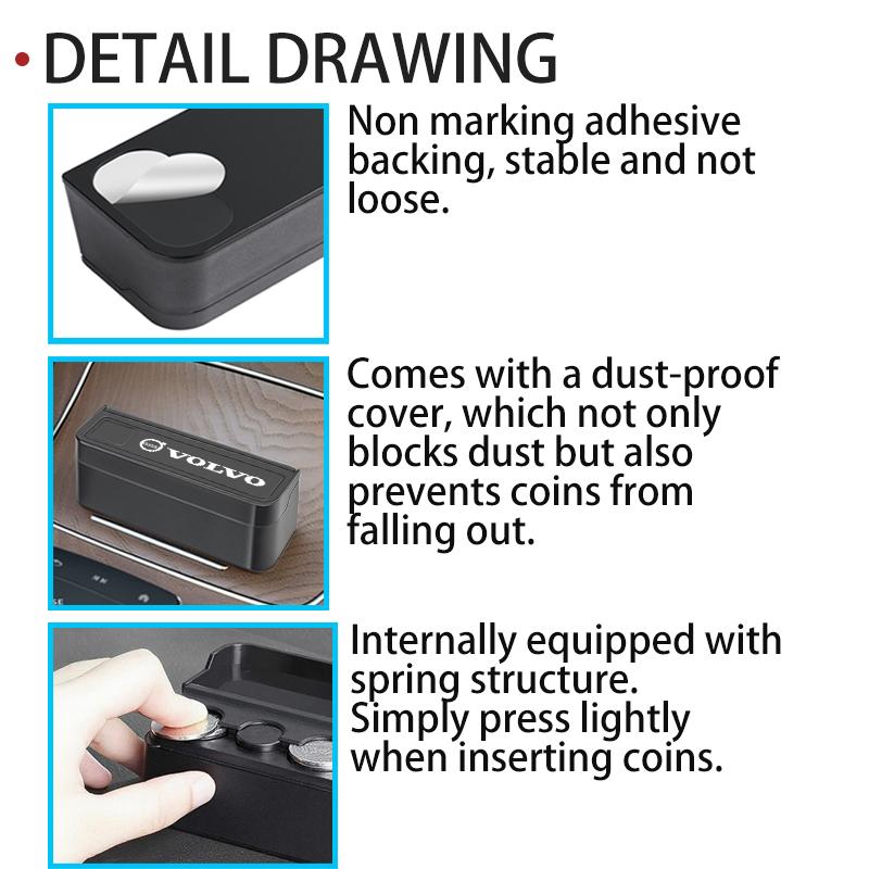 For Volvo Car Console Coin Storage Case Secure Closure Coin Holder V60 V50 V40 S80 S60 S90 C40 XC40 V70 XC70 XC60 XC90