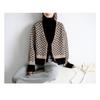 Women Loose Thick Plaid Color Block V Neck Long Sleeve Knitted Cardigan Sweater Coat