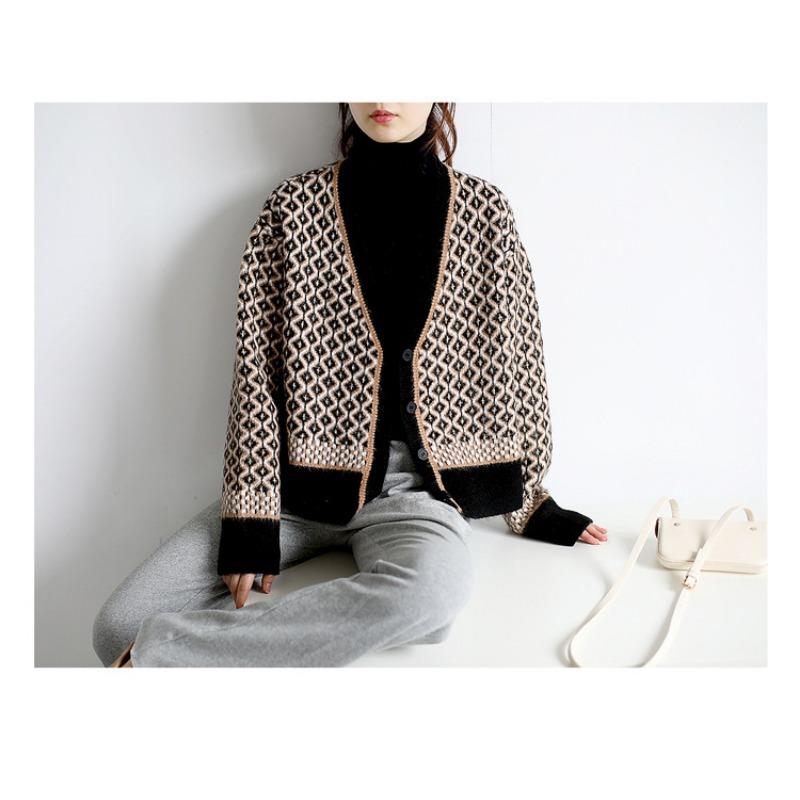 Women Loose Thick Plaid Color Block V Neck Long Sleeve Knitted Cardigan Sweater Coat