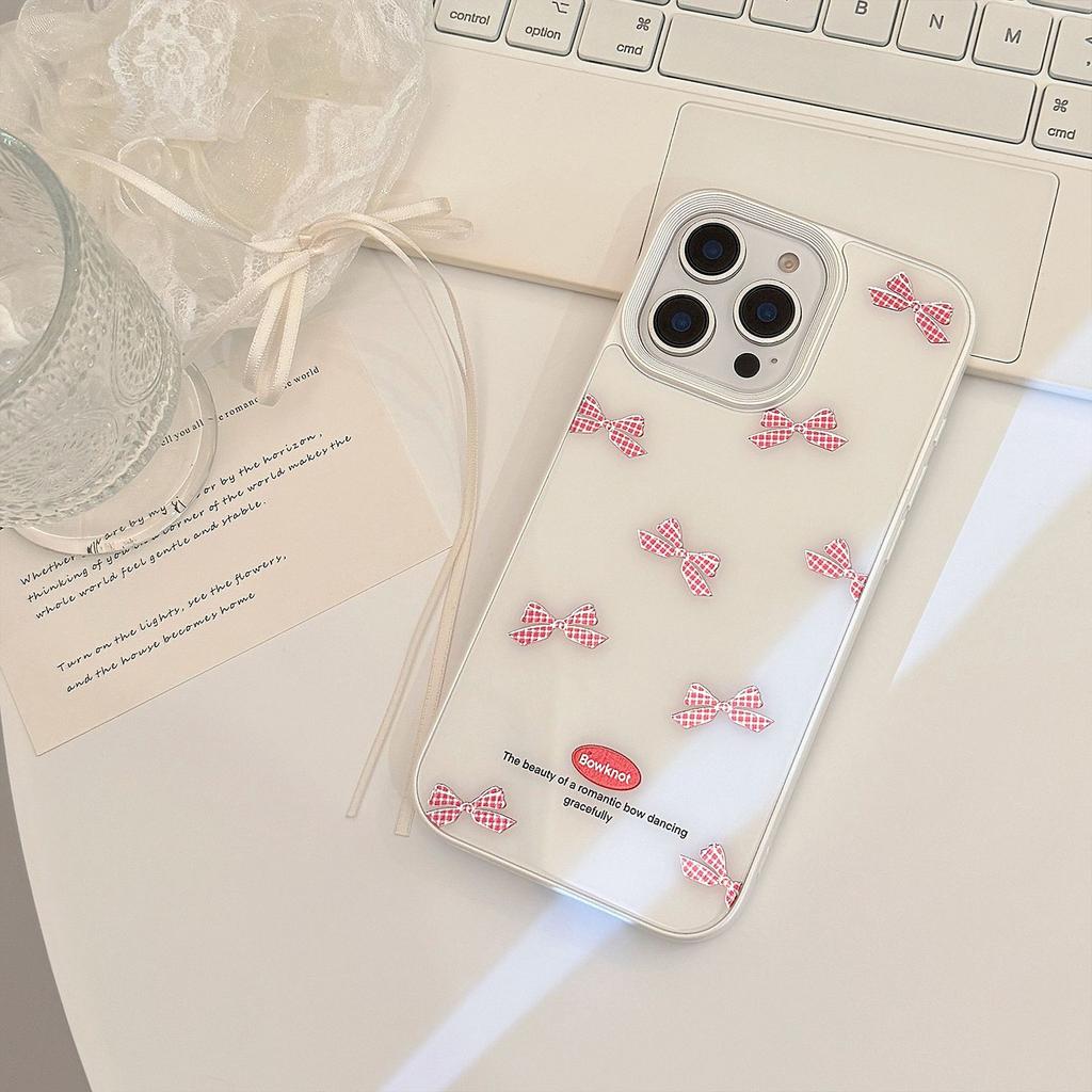 Gilt Red Plaid Bow for Iphone17 Mobile Phone Case for Apple 14 for 16promax Glass Hard 13 Sweet