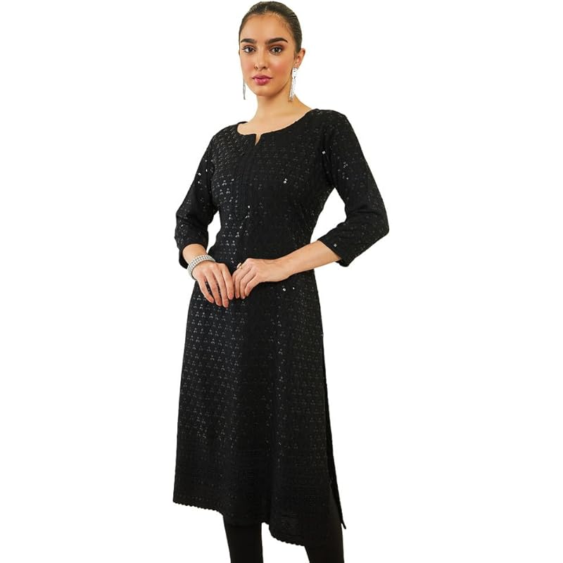 Soch Womens Black Rayon Sequin Embroidered Boat-Neck Straight Kurta XL чёрный