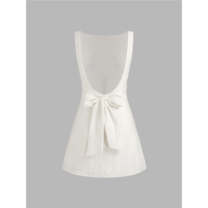 Women Square Neck Sleeveless Mini Dress Backless Bow Tie Design Slim Fit A Line Short Dress Elegant Party Club Bodycon Dress
