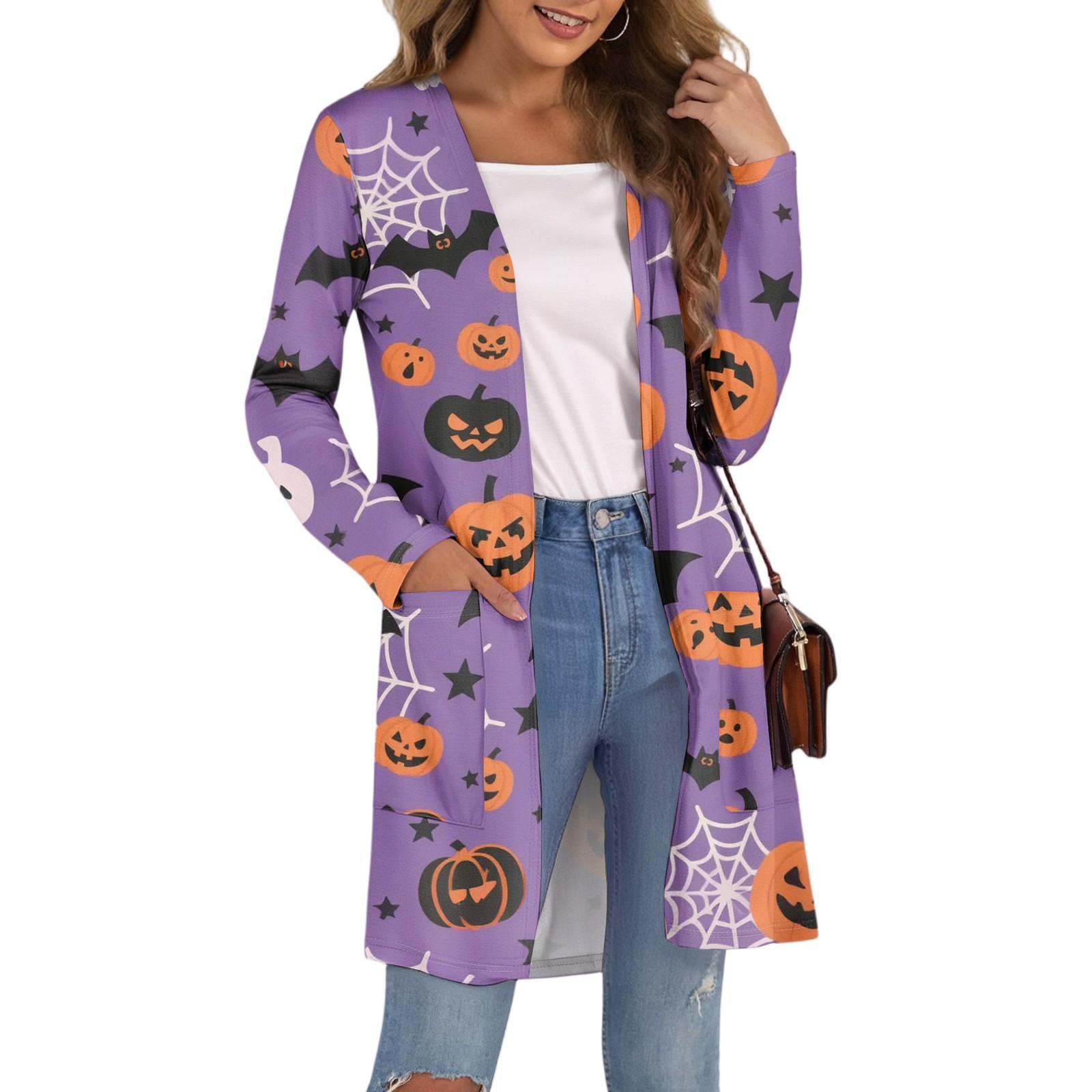 

Женский модный повседневный удобный кардиган средней длины с принтом на Хэллоуин и карманами M фиолетовый