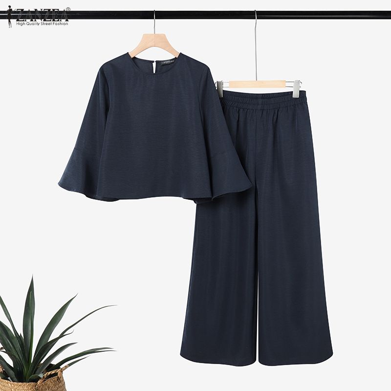ZANZEA Set de costume casual din două piese pentru femei, cu bluză cu mânecă 3/4 și pantaloni cu picior larg