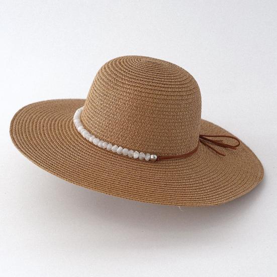 Beach Hat with Imitation Pearl Accents Full Face Sun Protection Flat Top Large Brim UV Blocking Summer Straw Hat
