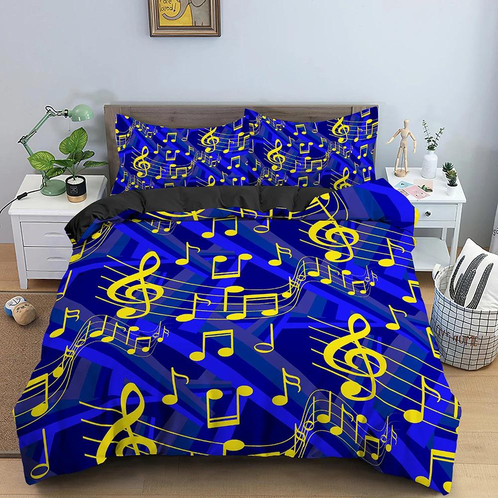 3D Digital Printing Music Theme Duvet Cover Set Piano Note Pattern Quilt Cover Pillowcase Music Lover Bedroom Decorative Bedding 3pcs