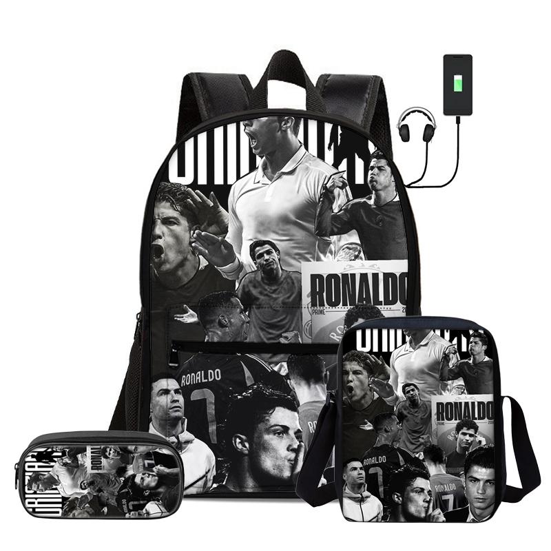 Children 3Pcs Set Daily Pack Football Star Rucksack Best Gift Pupil School Carry Carrier Pencil Bags M-Messis School Bag