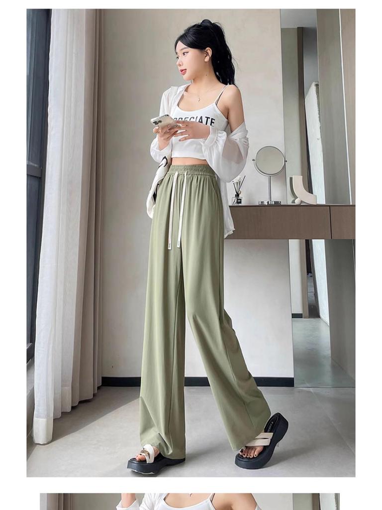 Women's Summer High Waist Ice Silk Wide-Leg Pants - 2025 New, Lightweight, Floor-Length, Loose, Slimming, Casual Straight Leg Design.