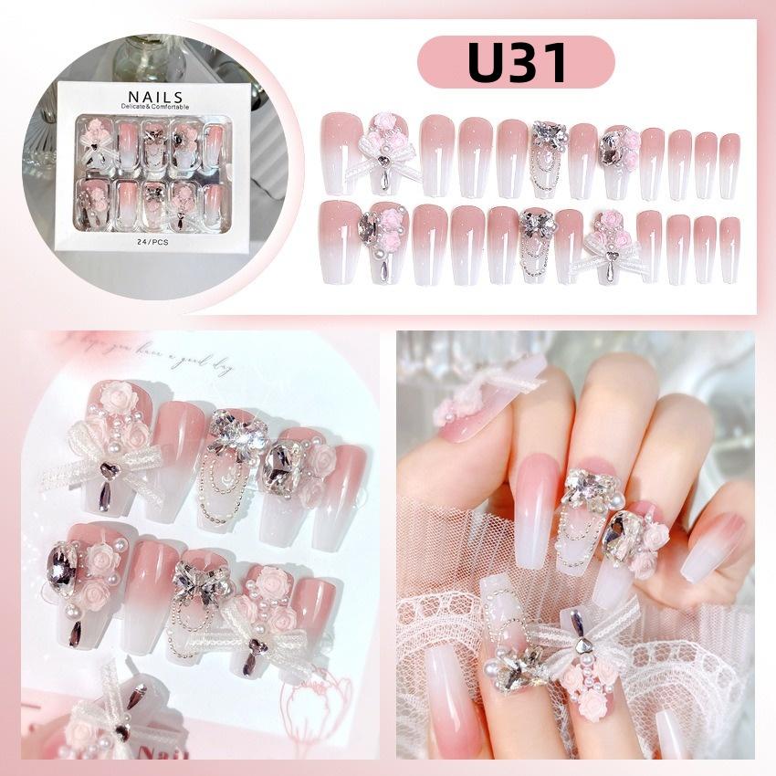 White Blue Color 3D Rabbit Star Rhinestone Designs-Full Cover Acrylic False Nails for Women and Girls Detachable Long Fake Nails