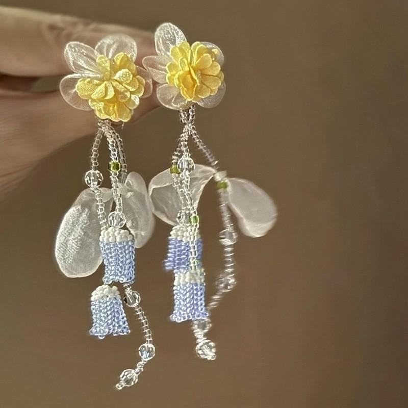 Silver Needle Chiffon Flower Tassel Earrings, Sweet Mori Style, Dopamine Trend, Versatile Women’s Earrings