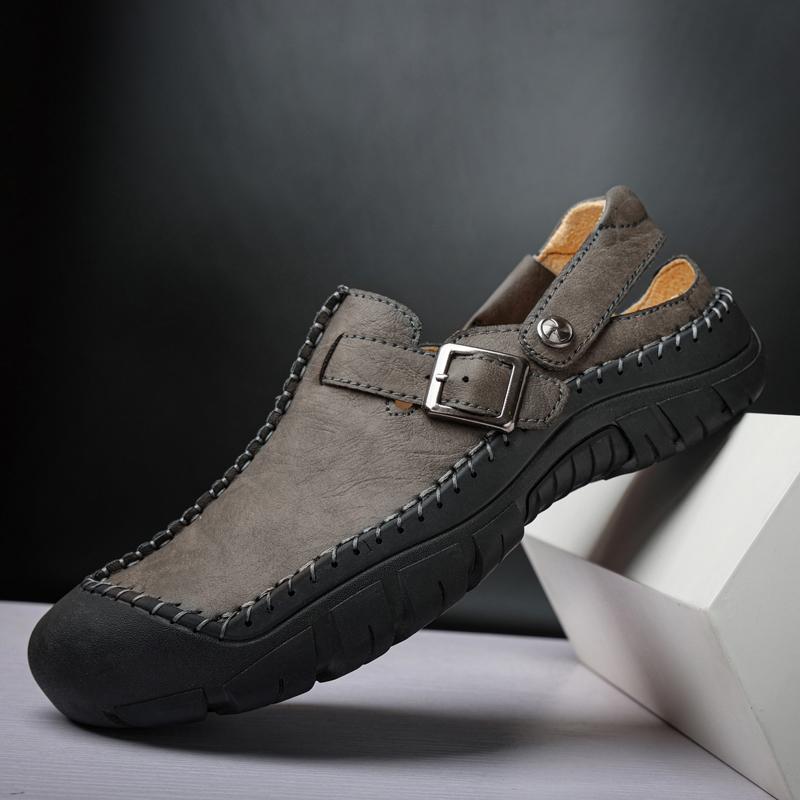 Fashion Outdoor Summer Men Sandals Handmade Leather Mens Casual Shoes Outdoor Men Wading Aqua Shoes Male Beach Shoes Simple Roman Flats