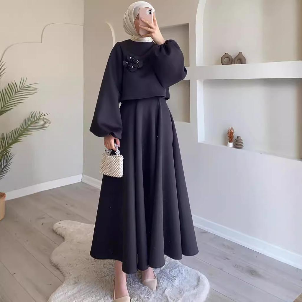 Spring Autumn Women's Clothing Flower Decoration Lantern Sleeve Solid Color Women's Skirt Set Two-Piece Set